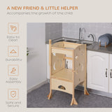 Qaba Wooden Kitchen Step Stool for Kids, Foldable Toddler Tower, Helper Stool for Kitchen Counter with Support Handles Safety Rail, Natural Wood Qaba