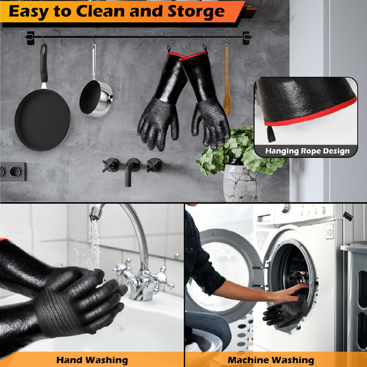 JENPOS BBQ Gloves - 1472°F Thicken Heat Resistant Gloves w/S-Hook 14 in Kitchen Oven Mitts Waterproof Grill Gloves Oil Resistant Grilling Gloves Cooking Gloves for Turkey Fryer/Baking/Oven/Smoker Jenpos