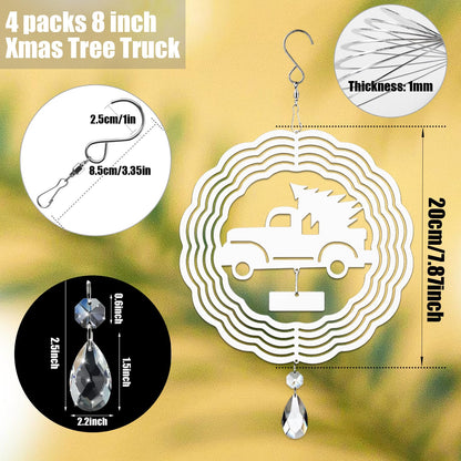 WindMage 4Pack 8inch Sublimation Wind Spinner Blanks 3D Aluminum Metal Wind Sculpture Kinetic Spinners for Yard Garden Indoor Art Sublimation Christmas Ornament Hanging Decoration (Xmas Tree Truck)