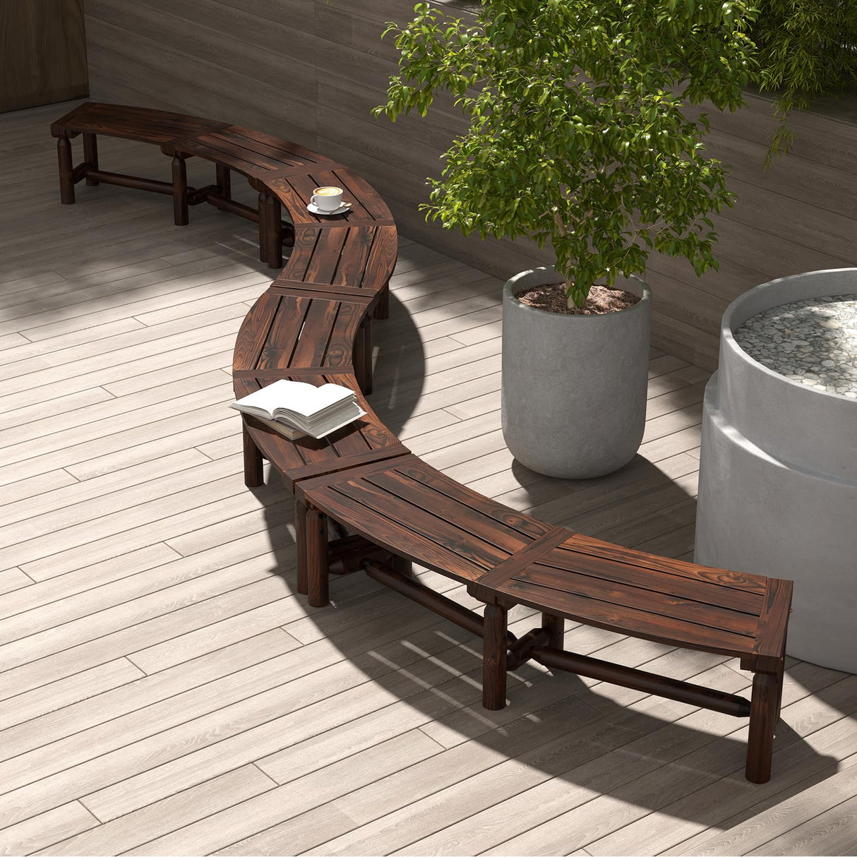 Giantex Rustic Brown Curved Outdoor Bench for 2 - Stylish Fire Pit Chair with Fir Wood Surface and Pine Legs Giantex