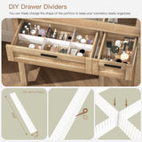 usikey Farmhouse Makeup Vanity Desk with Mirror and Lights, Glass Tabletop Makeup Vanity with Adjustable Shelves, Vanity Table Set with 2 Drawers and Side Cabinet for Bedroom, Maple usikey