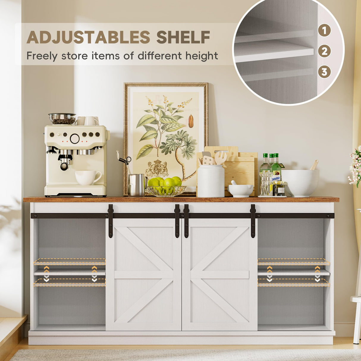 YESHOMY Storage Cabinet, Farmhouse Sideboard Buffet Coffee Bar with Sliding Barn Doors, Shelf for Home Dining Room, White YESHOMY