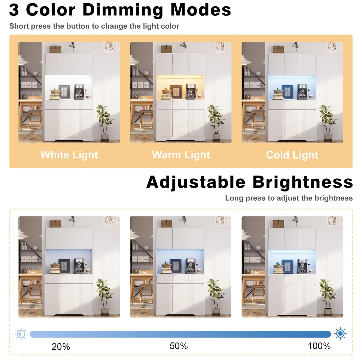 71'' Pantry Cabinet with LED Light Charging Station, kitchen storage cabinets with Microwave Stand, Freestanding Kitchen Hutch,kitchen cabinet with Open Countertop for Dining Room,Restaurant,White NUNU LAB