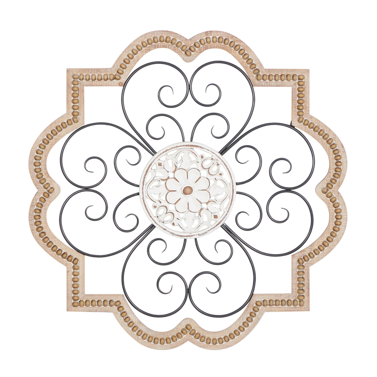 Deco 79 Wooden Scroll Home Wall Decor Carved Beading Wall Sculpture with Metal Accents, Wall Art 27" x 1" x 27", Brown Deco 79