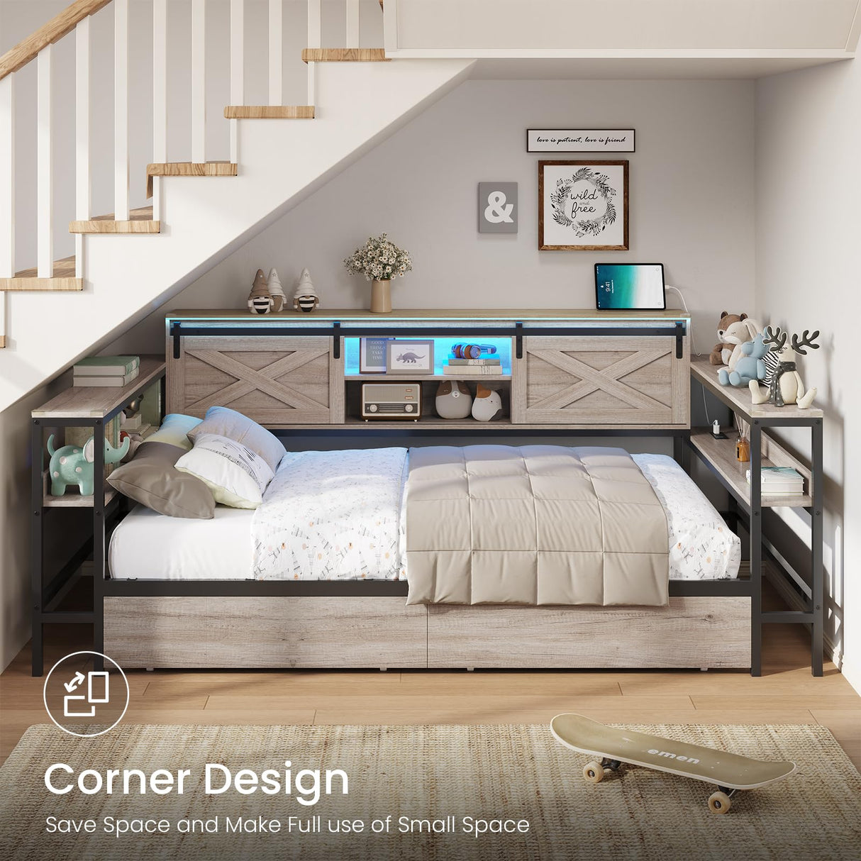 DICTAC Twin XL Corner Bed Frame with Storage Drawers,Charging Station and Led Lights Farmhouse Metal Platform Bed Frame with Sliding Barn Doors,Twin XL Daybed with Storage Headboard,Rustic Gray DICTAC