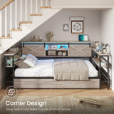 DICTAC Twin XL Corner Bed Frame with Storage Drawers,Charging Station and Led Lights Farmhouse Metal Platform Bed Frame with Sliding Barn Doors,Twin XL Daybed with Storage Headboard,Rustic Gray DICTAC