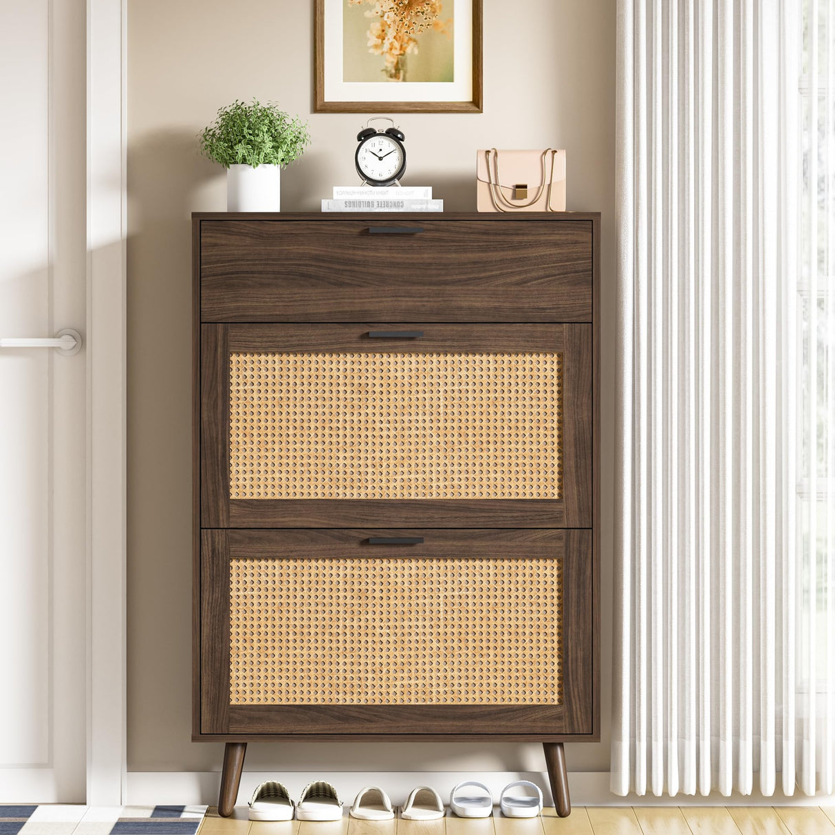 Shoe Cabinet Storage for Entryway, Narrow Shoe Cabinet with 2 Flip Drawers and Hidden Cabinet, Rattan Shoe Cabinet for Entryway, Hallway, Entrance, HOMBCK