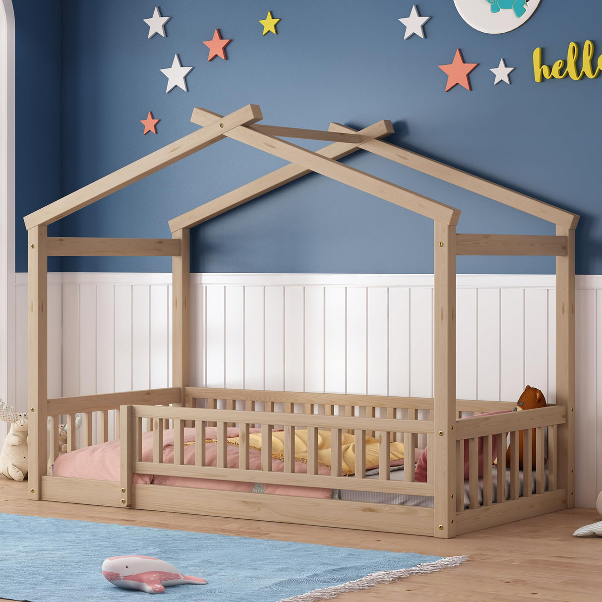 Harper & Bright Designs Twin Montessori Floor Bed with Fence Railing – Natural Wood Frame for Kids Harper & Bright Designs