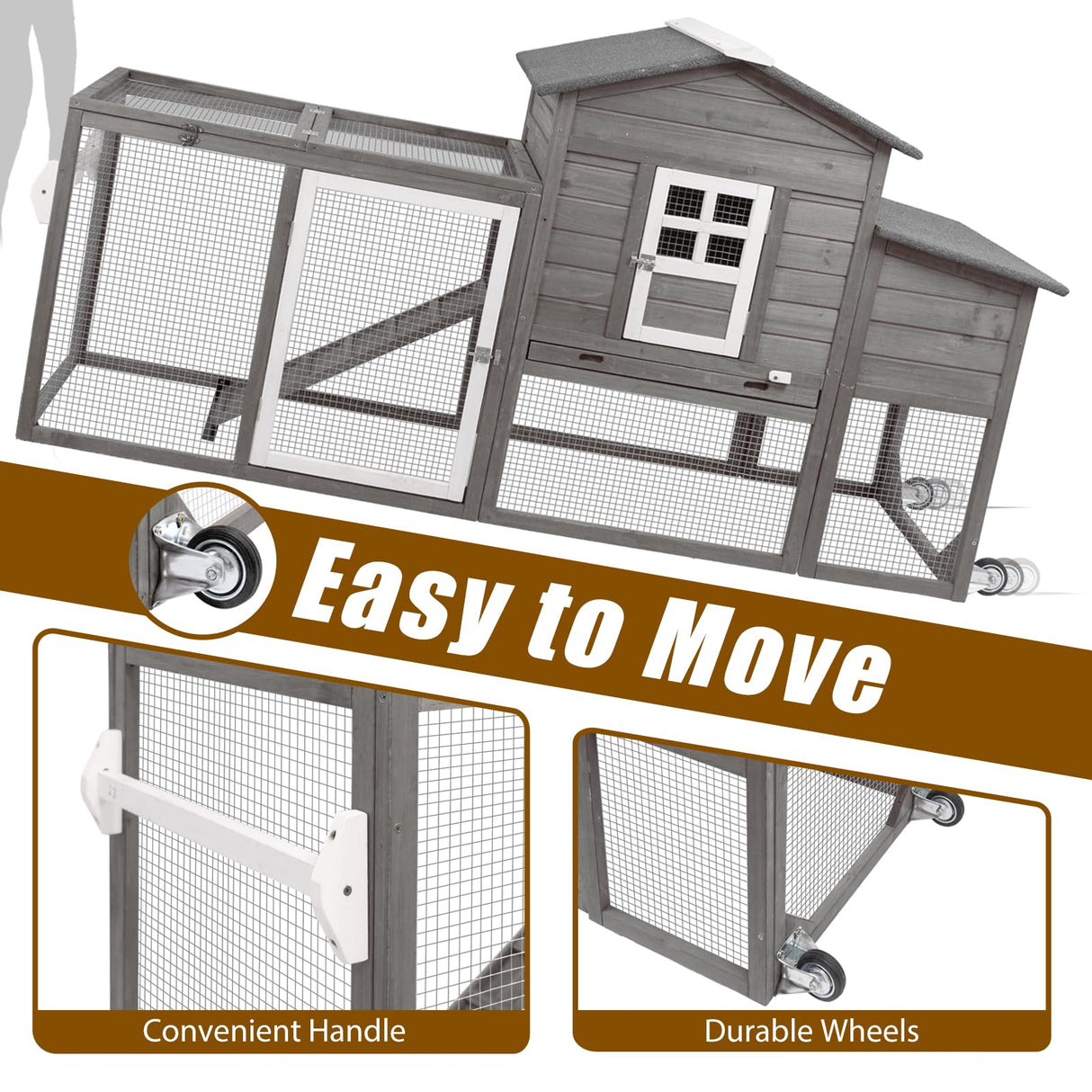 Gowoodhut Chicken Coop Solid Wood with Large Run Cage 2 Stories - Asphalt Roof, Nest Box, Pu Wheels, Expandable Solid Wood Cage Gowoodhut