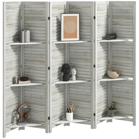 HOMCOM Room Divider, 6 Panel 67" Tall Wood Privacy Screen with 3 Display Shelves, and Folding Storage for Bedroom or Home Office, Distressed White HOMCOM