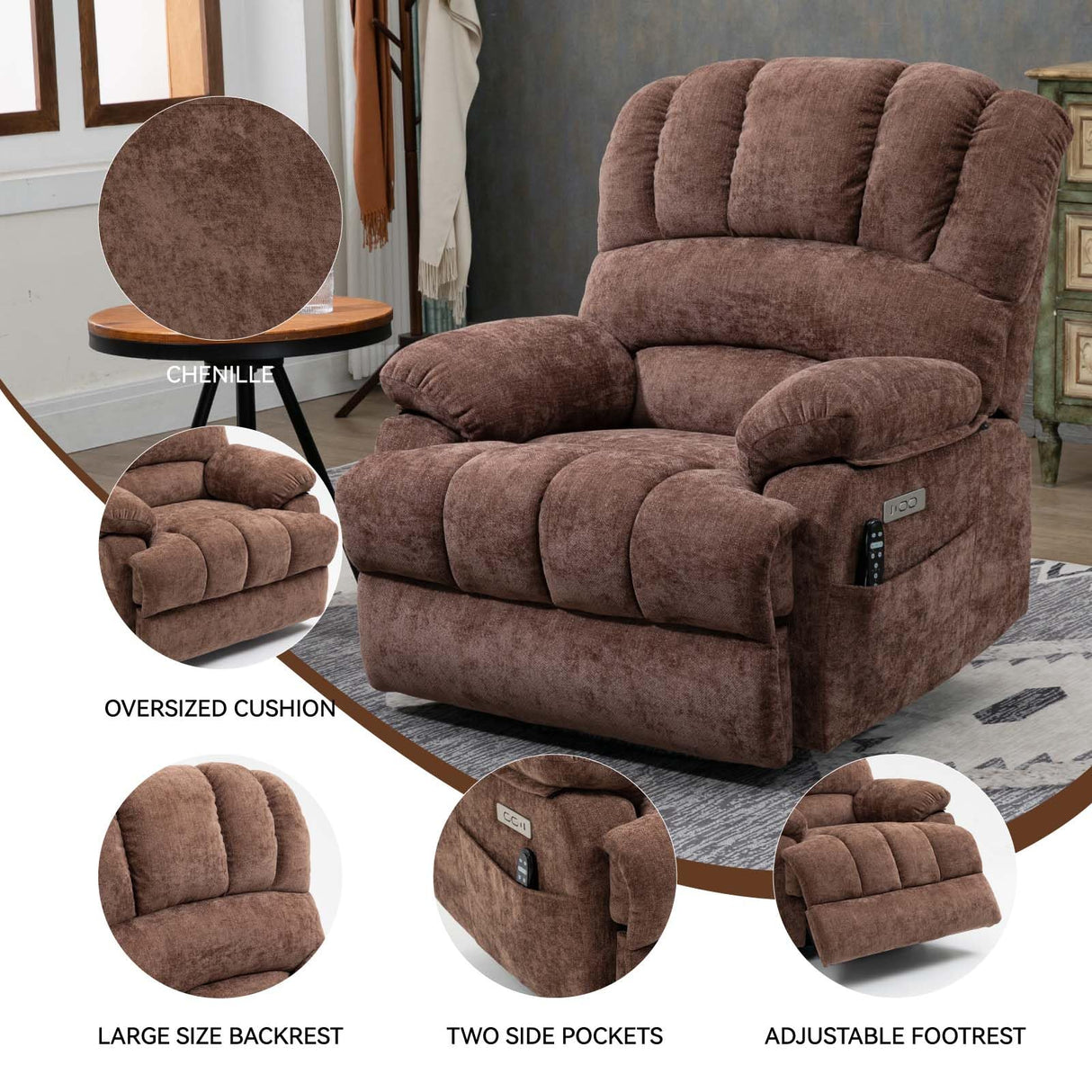 Large Power Lift Recliner Chairs with Massage and Heat for Elderly, Heavy Duty and Safety Motion Reclining Mechanism Chenille Skid Fabric Recliner Chair with USB Ports for Living Room (Dark Brown) MTSVMP
