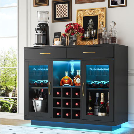 knoworld Wine Bar Cabinet with LED Lights, Coffee Bar Cabinet with Wine and Glass Rack, Black Bar Cabinet Liquor Cabinet, Kitchen Buffet Sideboard with Storage for Living Room, Dining Room knoworld