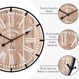 MODE HOME Large Farmhouse Wall Clock, 24 Inch Rustic Wooden Wall Clock Decorative with Metal Circle and Engraved Numerals, Silent Battery Operated for Kitchen Bedroom Living Room Fireplace Mantel MODE HOME
