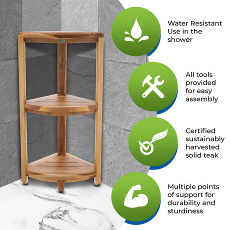EcoDecors Snazzy Corner Natural ColorThree Tier Shelf Waterproof Teak Wood Shower Bench Stool Seat Chair For Inside Shower Provides Safety, Storage and Organization For Bathroom Accessories EcoDecors