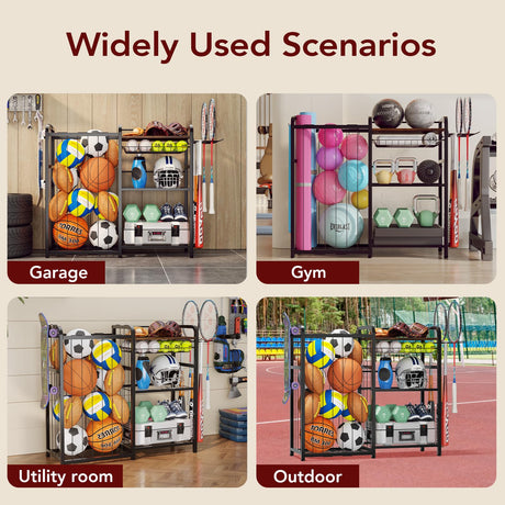 Homsorout Garage Sports Equipment Organizer, Ball Storage for Gear and Toys, Large Capacity, Sports Organizer for Garage with Hooks and Baskets, for golf, Football, Soccer Ball, Bat Homsorout