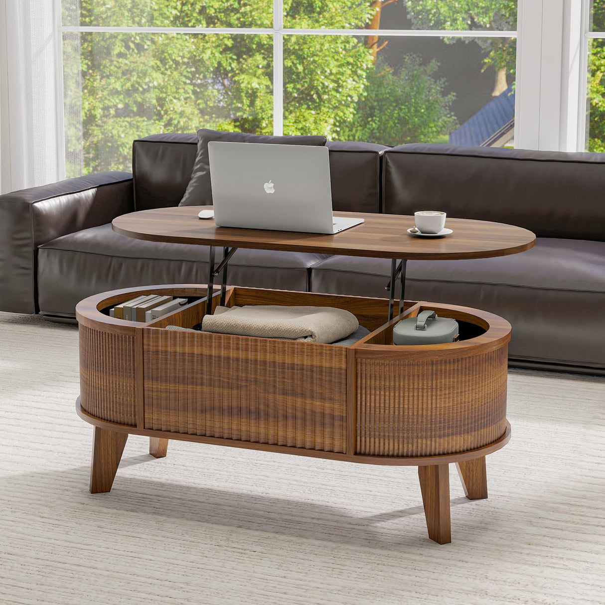 LYNCOHOME Fluted Lift Top Coffee Table with Storage,Modern Oval Coffee Table for Living Room or Home Office（Walnut） LYNCOHOME