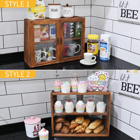 MOOCA Tempered-Glass Wood Display Case with Double Doors, Adjustable 2-Level Collection Display Case for Mini Funko Pop Figures, Bakery Pastry Container, Jewelry Organizer Storage, Brown Color MOOCA