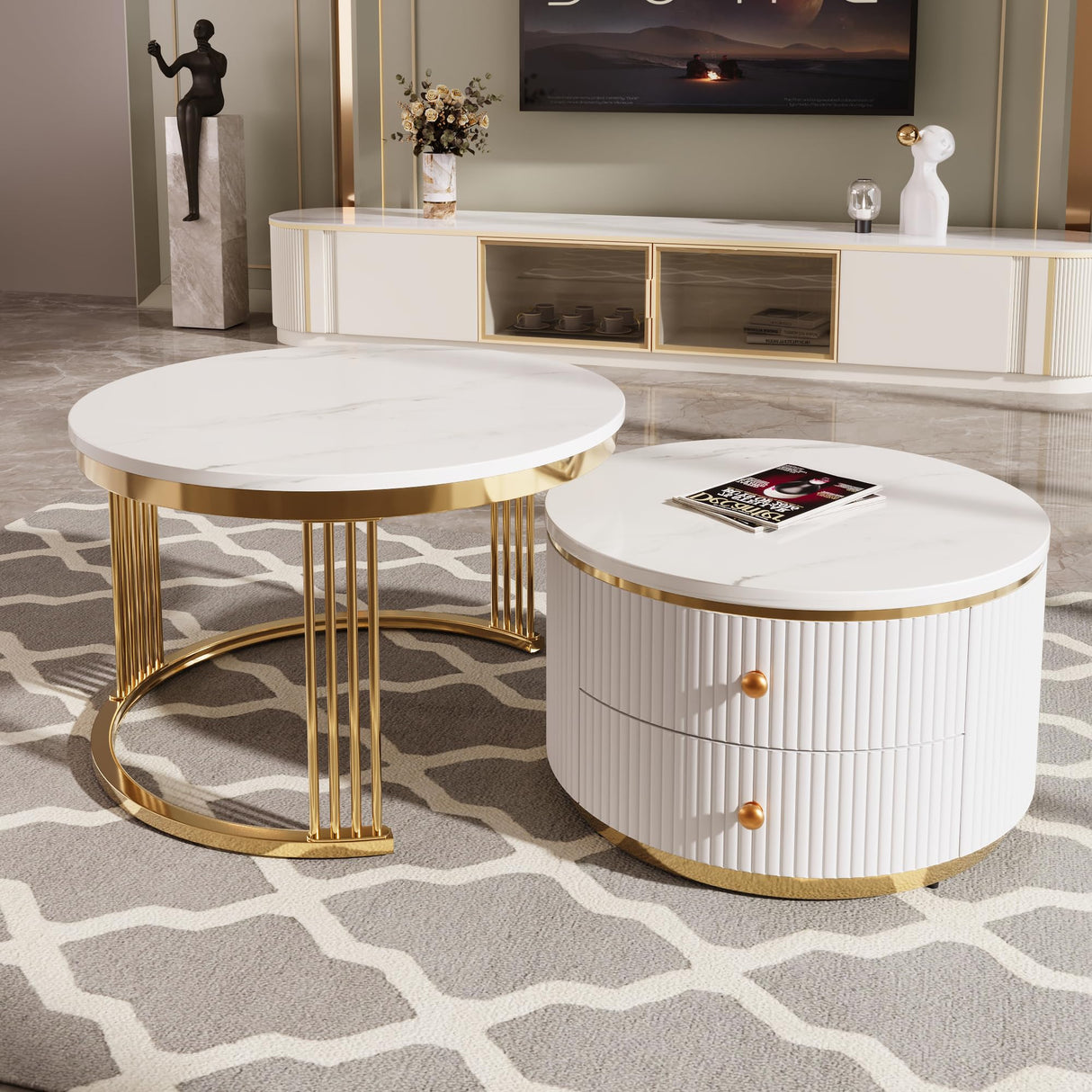 Merax 2 Pieces Modern Round Nesting Coffee Table with 2 Drawers, for Living Room, Small Space, Apartment, Gold+White Merax