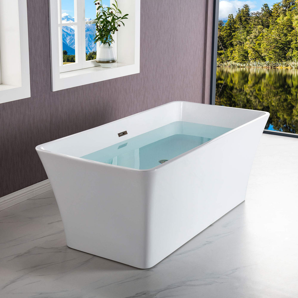 WOODBRIDGE 59" Acrylic Freestanding Bathtub Contemporary Soaking White Tub with Brushed Nickel Overflow and Drain，BTA1509 -B/N-Drain &O WOODBRIDGE