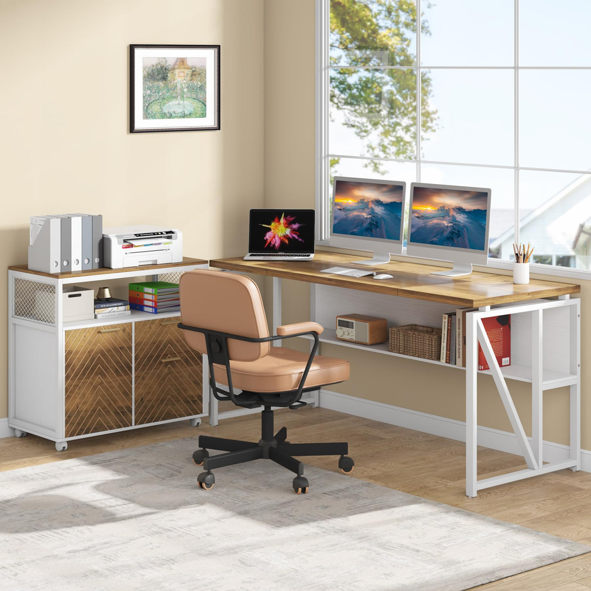 Tribesigns L Shaped Desk with Drawer Cabinet, 63" Executive Computer Desk and lateral File Cabinet, 2 Piece Home Office Furniture for Hanging File, Cabinet with Doors (Walnut, 63-inches) Tribesigns