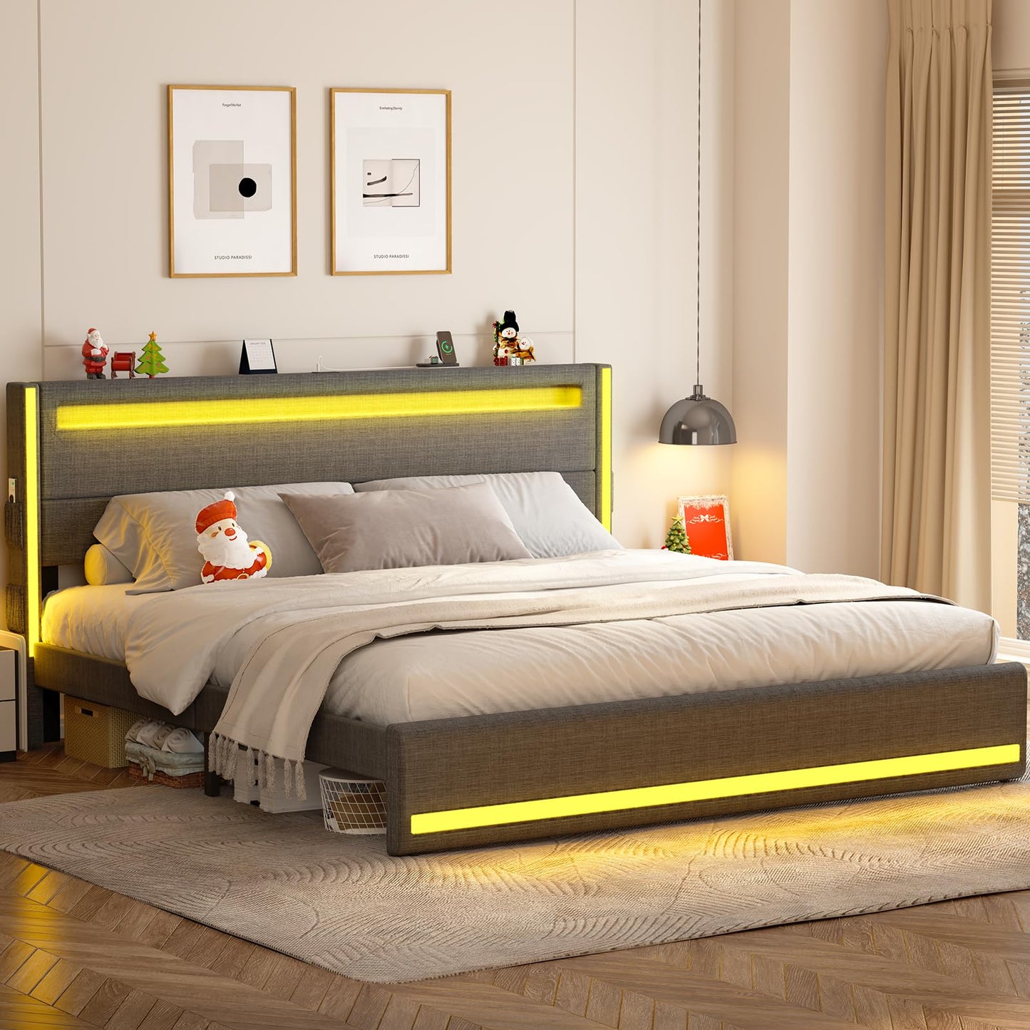 Dnxao King Size LED Upholstered Bed Frame with Charging Station and Noise-Free Design - WoodArtSupply