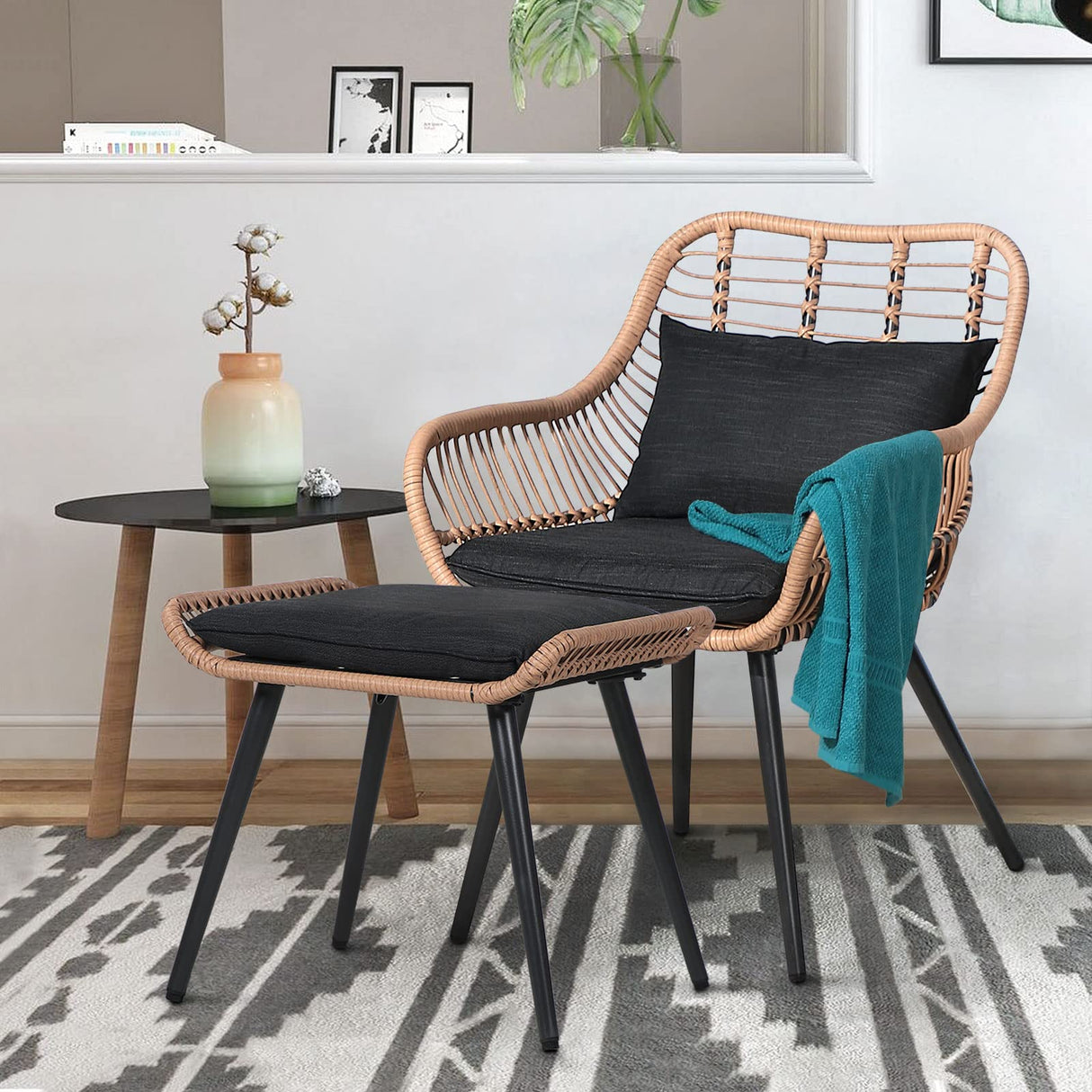 JOIVI Outdoor Wicker Ottoman Set of 2, Patio Rattan Ottomans with Seat Cushions, 2 Pieces Footstool Footrest Seat for Outside Garden, Balcony, Living Room, Black JOIVI