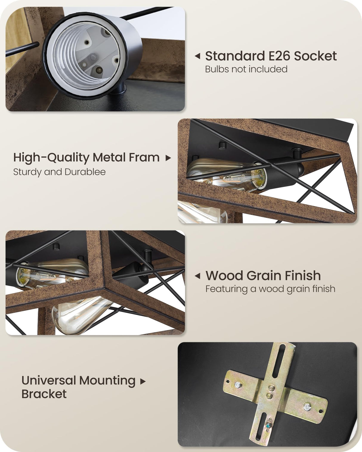 GOEBLESON Light Fixtures Ceiling Flush Mount, Farmhouse Hallway Close to Ceiling Light, Metal Frame Wood Grain, Rustic 2-Light Light Fixtures for Dining Room, Kitchen, Living Room, Brown Black GOEBLESON