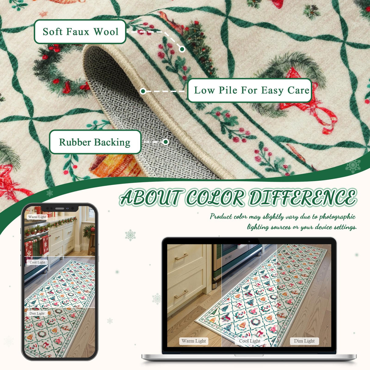 LIVEBOX Machine Washable Christmas Area Rug 5x7 - Moroccan Rug Thin Non-Slip Christmas Rugs for Living Room Bedroom,Large Neutral Low-Pile Green Rugs for Dining Room Office, Beige/Green LIVEBOX