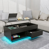 HOMMPA Lift Top Coffee Table with Storage LED Coffee Table Morden High Gloss Living Room 3 Tiers Modern Tea Table with Storage Center Tables Hidden Compartment & Open Shelve & Drawer Black HOMMPA