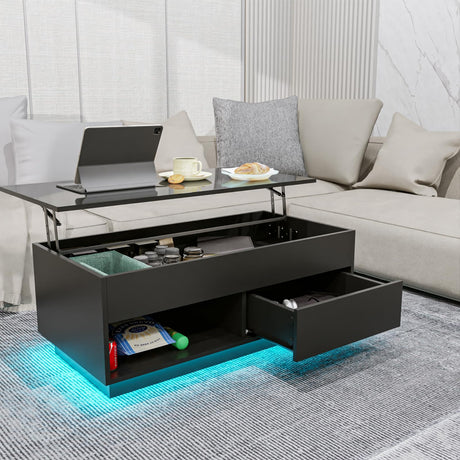 HOMMPA Lift Top Coffee Table with Storage LED Coffee Table Morden High Gloss Living Room 3 Tiers Modern Tea Table with Storage Center Tables Hidden Compartment & Open Shelve & Drawer Black HOMMPA