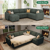 HONBAY Modular Sectional Sleeper Sofa with Pull Out Bed, Corduroy Couch with Storage Seats Ottoman, U Shaped Sectional Couches for Living Room, Green HONBAY