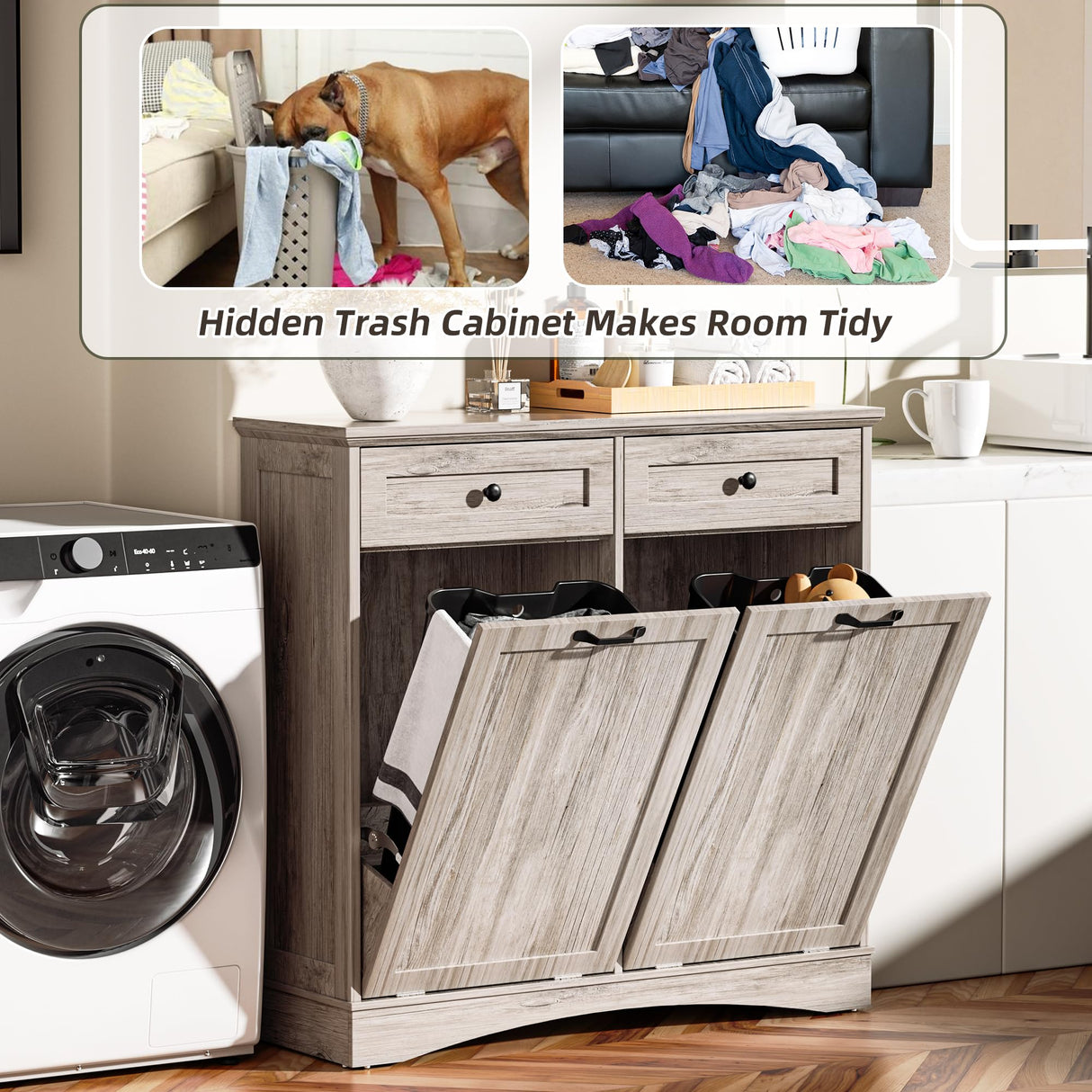 Spurgehom Double Tilt Out Trash Cabinet 13 Gallon Kitchen Waste Bins, Laundry Hamper Tilt Out Pet Proof Hidden Wooden Trash Bin for Kitchen, Grey Spurgehom