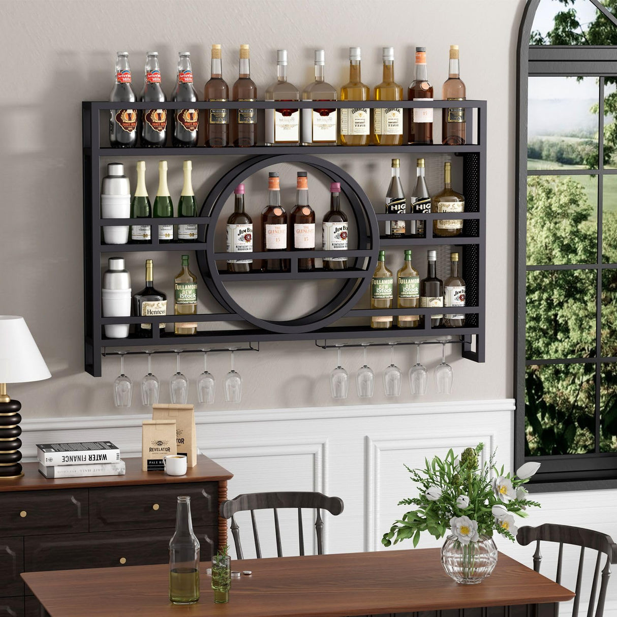 3-Tiers 39in Wine Rack Wall Mounted, Floating Bar Shelves with Wine Glass Holder Hanging Industrial Liquor Shelf, Wall-Mounted Wine Racks Cabinets for Home Bar No Assembly Required Boshen