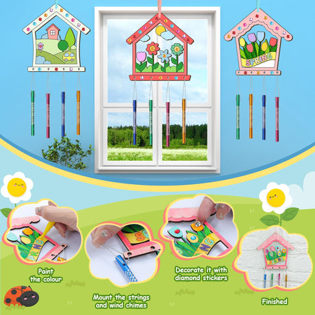 12PCS Birdhouse Wind Chime Kit for Kids Make Your Own Hollow Out Bird House Wind Chime DIY Coloring Wood Crafts Spring Wooden Arts and Crafts for Boys Girls School Activities Party Decoration TREACLUB