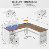 Lareth L Shaped Desk with Monitor Stand Farmhouse Computer Desk with Led Light and Power Outlet, Executive Desk for Home Office Room Workstation with File Cabinet for Working Gaming, Antique White Lareth