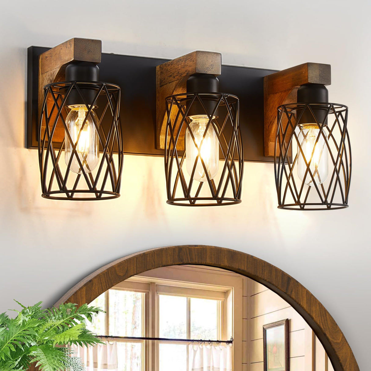 Farmhouse Bathroom Light Fixtures, Wood Bathroom Lighting Fixtures Over Mirror, 3-Light Vanity Light Fixture with Cage Metal Shade, Black Rustic Vanity Light for Bathroom, Hallway RVONOW