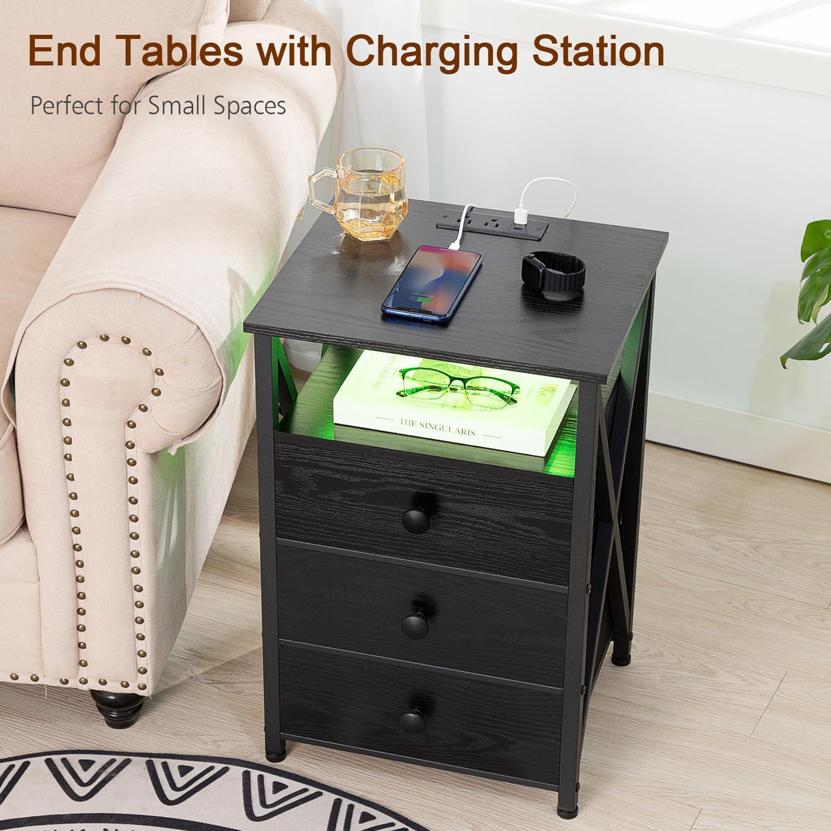 AMHANCIBLE Night Stand Set 2, LED Nightstand with Charging Station, End Side Tables with USB Port & Outlet, Bedside Table with Fabric Drawers for Bedroom Living Room, Black, HET053LBK AMHANCIBLE