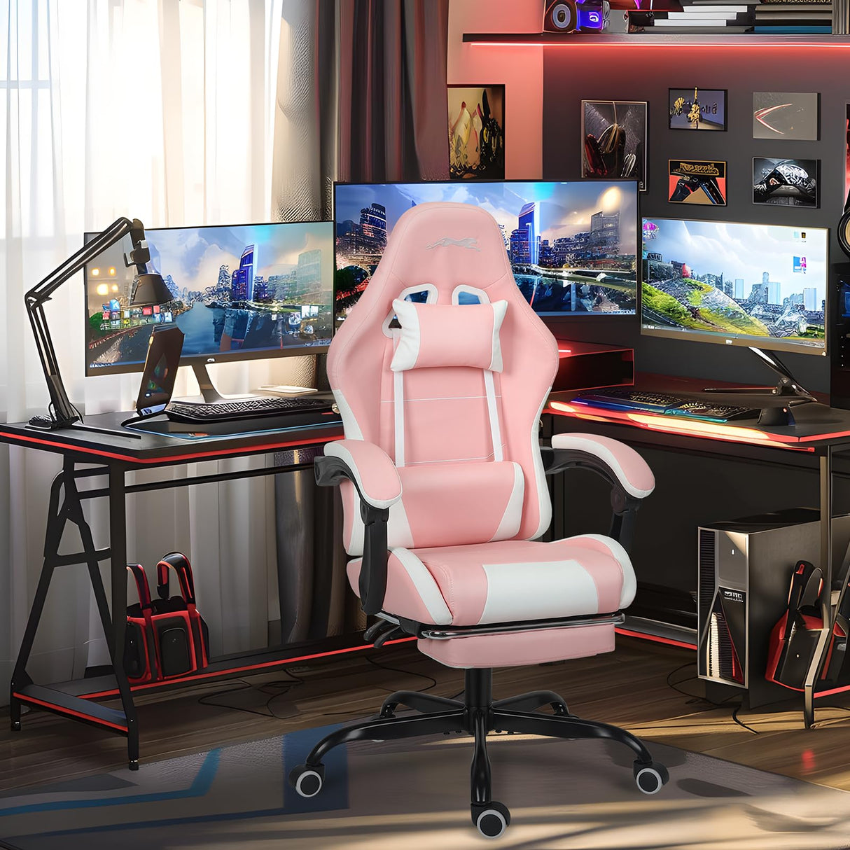 Leopard Gaming Chair with Footrest, Height Adjustable Game Chair with Lumbar Support, Video Gaming Chair for Gaming Room, Living Room and Office - Pink/White Leopard Outdoor Products