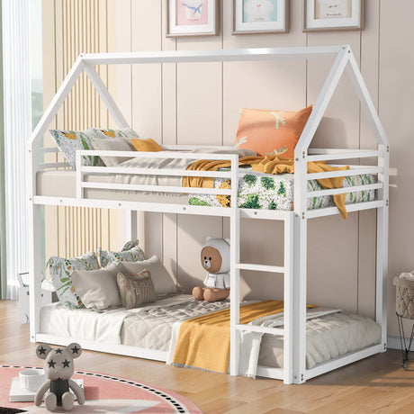 Merax Modern Heavy Metal House Low Bunk Bed Twin Over Twin, Montessori Floor Bunk Bed Frame with Full-Length Guardrail/No Box Spring Needed White Merax