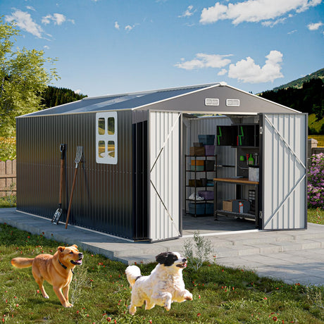 Restland 10x16 FT Outdoor Storage Shed Reinforced Frame Metal Shed with Clear Roof, Air Vent & Lockable Door Large Garden Tool Storage Sheds for Backyard, Garden, Lawn Restland