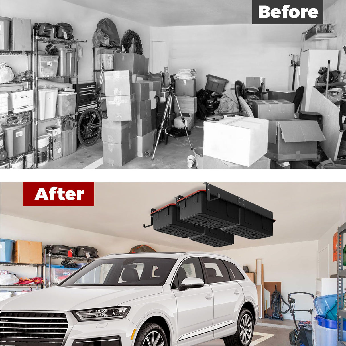 Overhead Garage Storage Rack System – Heavy-Duty Adjustable Ceiling Rails for Totes, Fits Most Storage Bins (8 Sets Hold 4 Bins Each) Sidasu