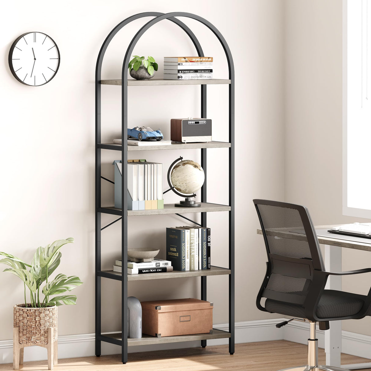 IDEALHOUSE Bookshelf 5 Tier Bookcase Arched Display Racks Tall Standing Bookshelves Metal Frame Modern Storage Rack Shelf Large Wood Book Shelf for Bedroom, Living Room, Home Office IDEALHOUSE