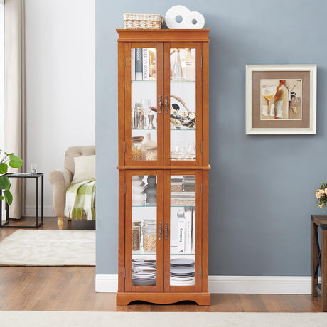 Eyisean Lighted Glass Display Cabinet, 71" Curio Cabinet with Adjustable Glass Shelves Vintage, Light Bulb Included, Curio Storage Cabinet with 6 Shelves for Living Room (Oak) Eyisean