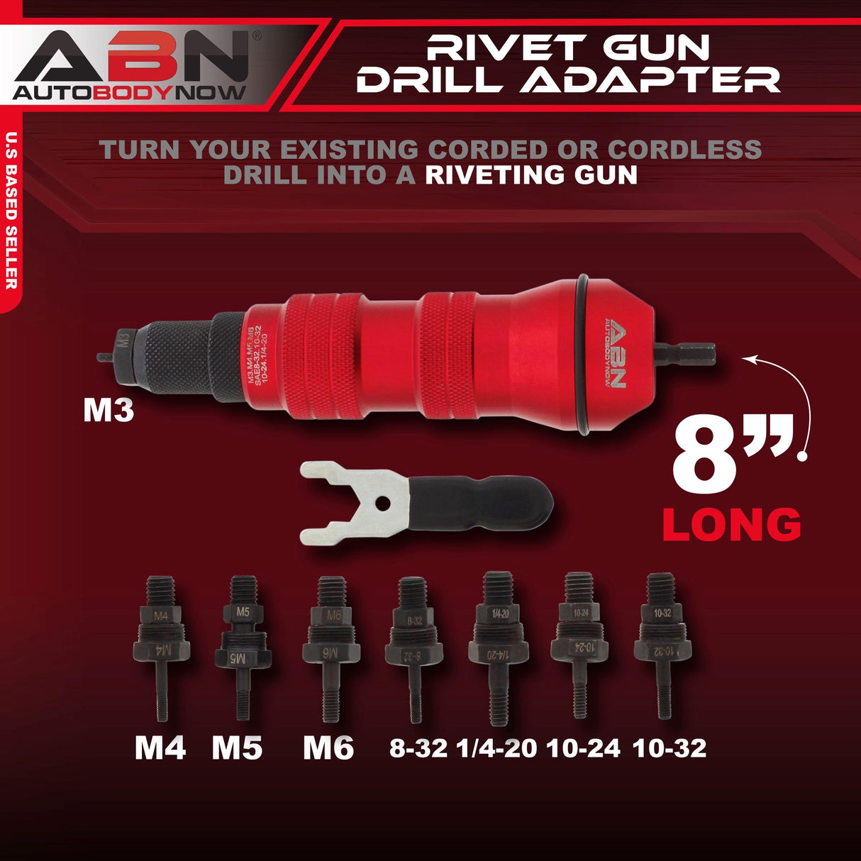ABN Pneumatic Rivet Gun Drill Adapter - 1/4in Rivet Nut Tool Attachment with 8 Nosepieces for Cordless or Corded Drills ABN