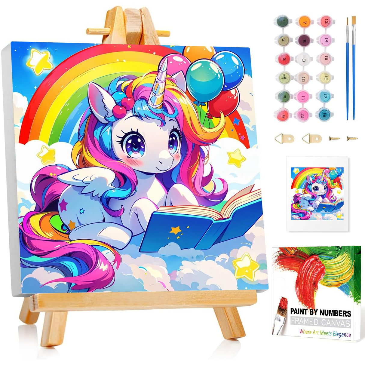Reivworl Cartoon Paint by Numbers Kit for Kids, Cartoon Paint by Number with Frame and Easel, Paint by Number Kids Age 5-8-12 for Gifts and Decor (8X8 Inch) Reivworl