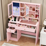 HUANLEGO Vanity Desk with Mirror and Lights, Glass Top Vanity with Lights and RGB Cabinet & Jewellery Organizers, Makeup Vanity Desk with Lights, Power Outlet, Dressing Table for Bedroom, Pink HUANLEGO