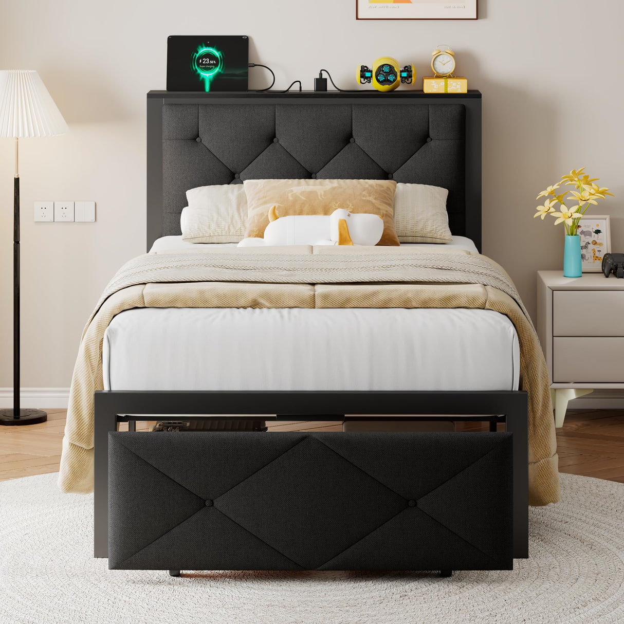 Einhomn Twin Bed Frame with Storage Drawer, Metal Platform Bed with Charging Station, Upholstered Button Tufted Storage Headboard, No Box Spring Needed, Noise-Free, Easy Assembly, Black Einhomn