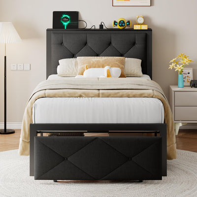 Einhomn Twin Bed Frame with Storage Drawer, Metal Platform Bed with Charging Station, Upholstered Button Tufted Storage Headboard, No Box Spring Needed, Noise-Free, Easy Assembly, Black