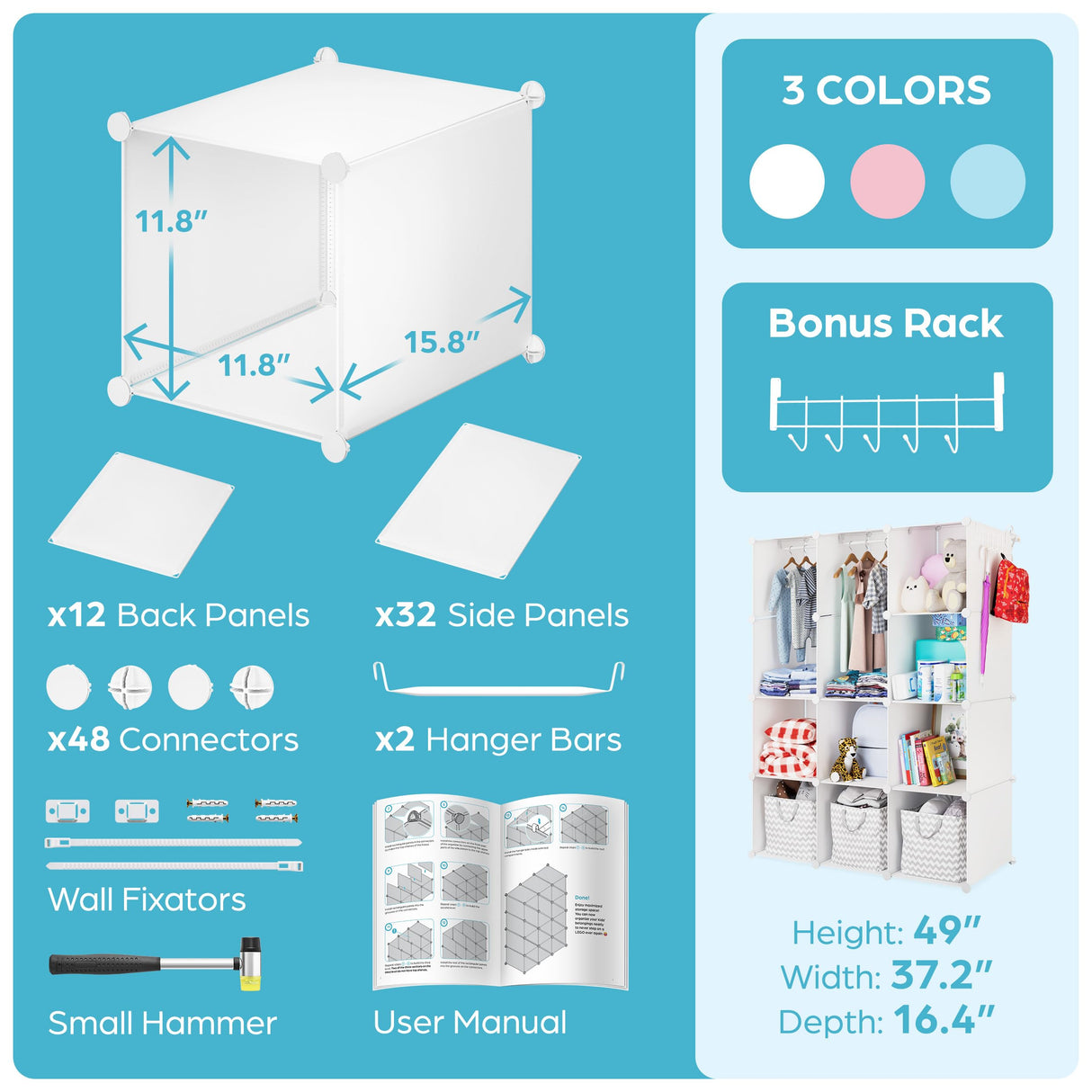 CUBEDIY Baby Closet Organizer for Nursery: Durable Baby Wardrobe for Closet - Customizable Baby Dresser Amoire Shelves - Waterproof Shelf Clothes Organizer w/Wall Fixation (White) CUBEDIY