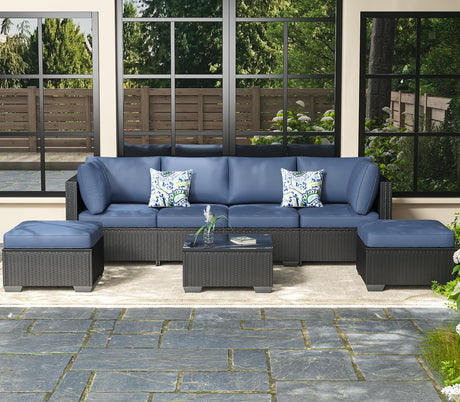AECOJOY 7 Piece Outdoor Patio Furniture Set, Outdoor Sectional Conversation Furniture Chair with Coffee Table, Patio Sectional for Backyard, Garden(Navy Cushions and Black Rattan) AECOJOY